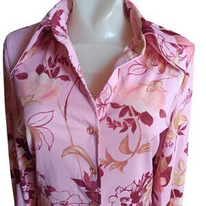 Medium True Vintage Disco Top Blouse 1970's Pink Flowers Floral Print Stretch